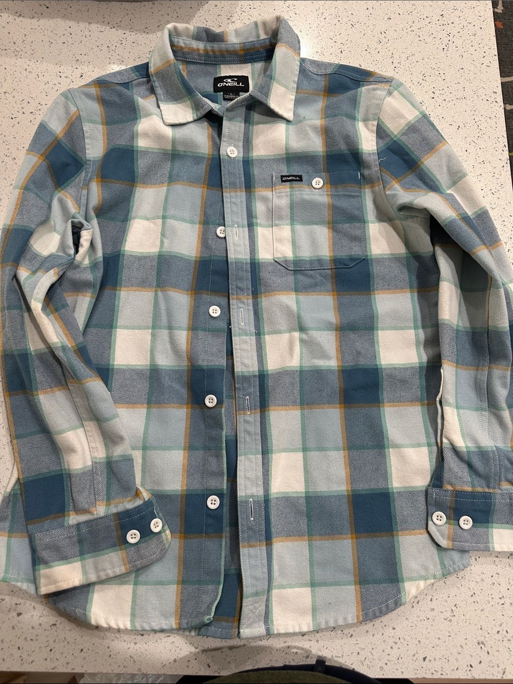 Boys O'Neill Teal, White & Gold Plaid flannel Button-Down Shirt